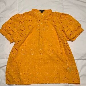J. Crew Pop-Over Yellow Eyelet Puff-Sleeve Button Up Blouse Size Large